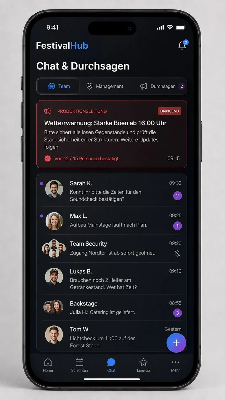 FestivalHub Chat und Durchsagen mit Produktionsmeldung
