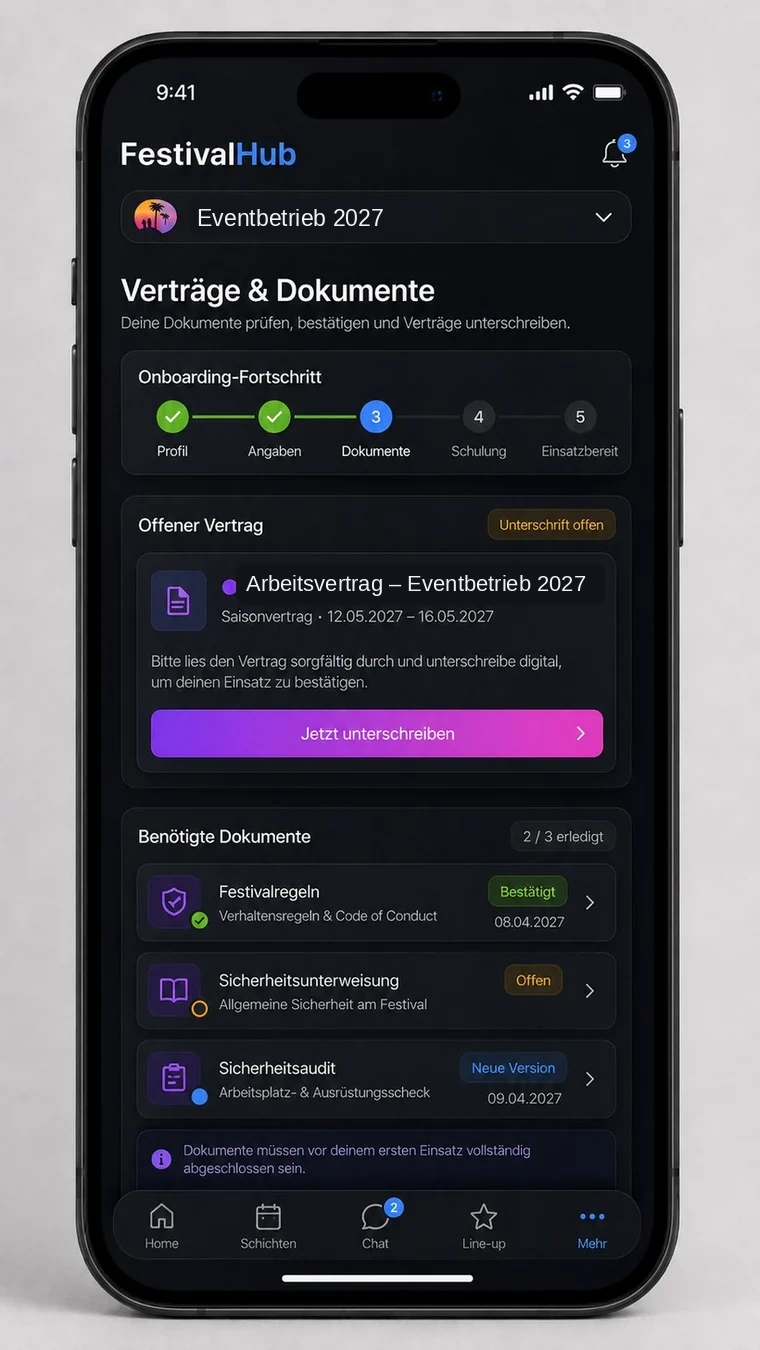 FestivalHub Dokumente und Onboarding mit Verträgen und Unterweisungen