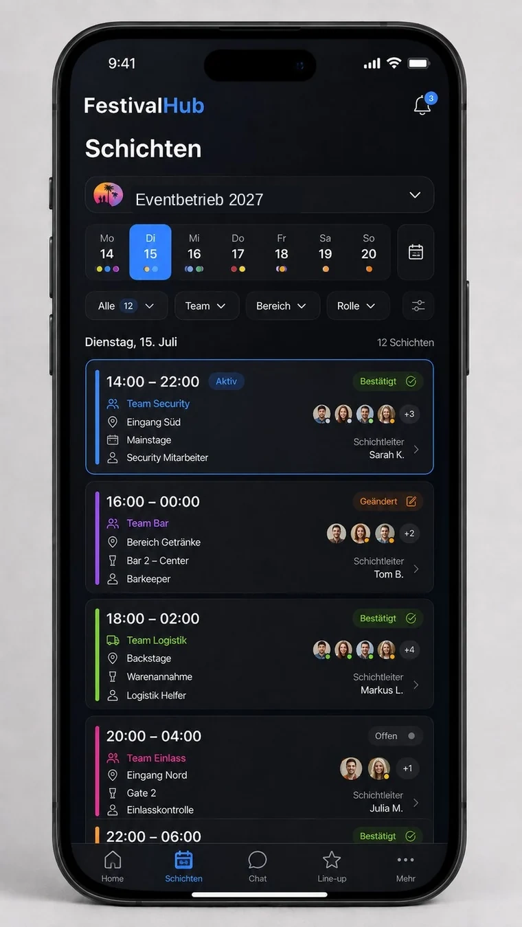 FestivalHub Schichtplanung mit Einsätzen und Teamzuweisungen