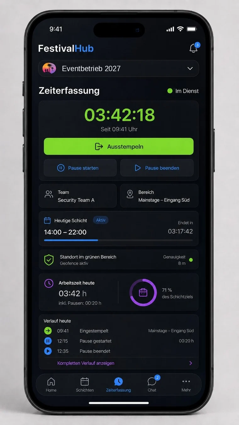 FestivalHub Zeiterfassung mit Timer, Pausen und GPS-Status